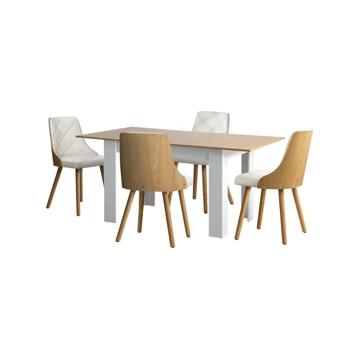 Oikiture  5PCS Dining Sets 160cm Extendable Dining Table with Dining Chairs PU Leather White