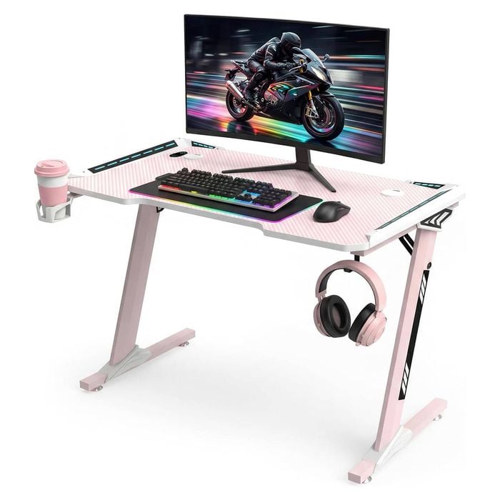 Viviendo Gaming Desk Office Table Desktop with LED light & Effects 1.4M Pink