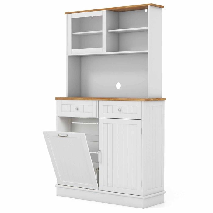 Costway Tilt Out Trash Cabinet w/Tall Cupboard 38L Hidden Garbage Holder