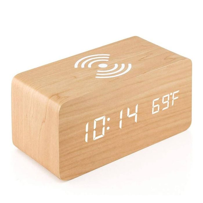 Catzon Wooden Alarm Clock With Qi Wireless Charging Pad-bamboo