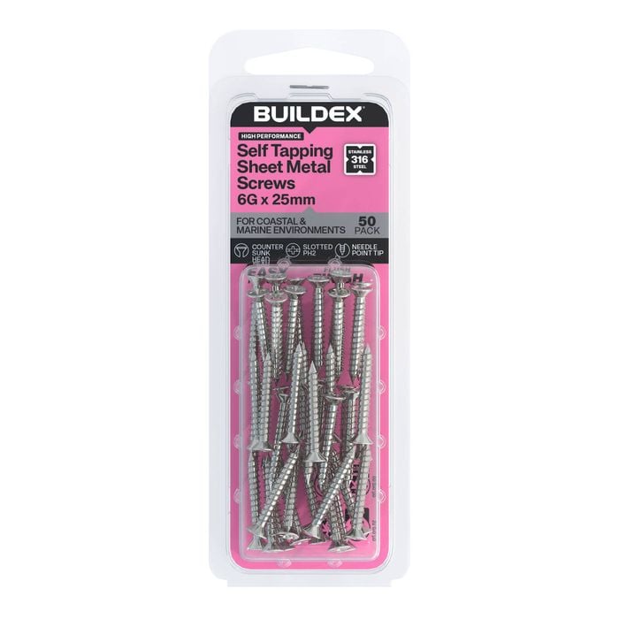 Buildex 6G x 25mm SS316 Self Tapping Sheet Metal Screws - 50 Pack