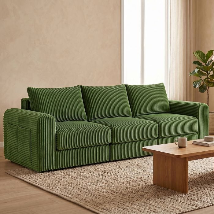 Advwin 235cm 3 Seater Sofa Modular Corduroy Floor Sofa Bed Boneless Cloud Couch No Assembly Green