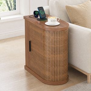 Advwin Narrow Side Table w/ Fluted Sliding Door Bedside Table Entryway Cabinet Walnut