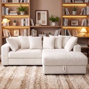 Advwin 228cm L-Shape 3 Seater Sofa Corduroy Modular Could Couch w/ Storage Ottoman & Wide Armrest Beige