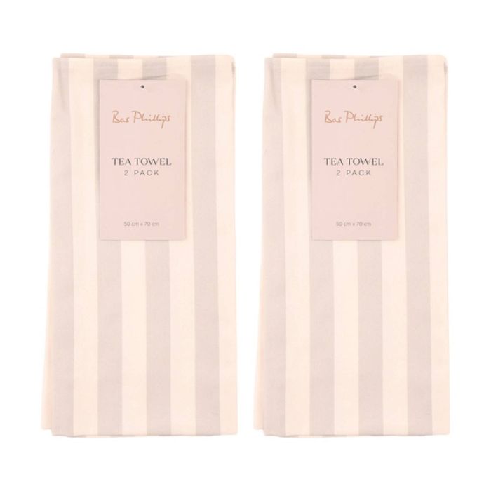 2x 2pc Bas Phillips Printed Linen Looks Tea Towel Set Cotton Natural Stripes