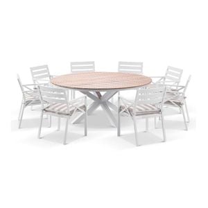 Tuscany 1.8m Aluminium And Teak Dining Table White With 8 Kansas Chairs In Sunbrella & Heather Beige Cushions