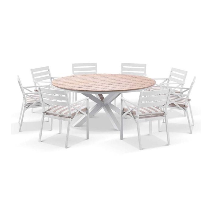 Tuscany 1.8m Aluminium And Teak Dining Table White With 8 Kansas Chairs In Sunbrella & Heather Beige Cushions