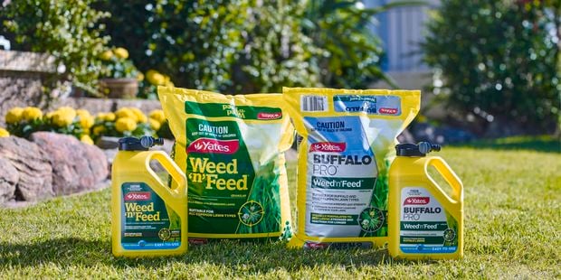 Bottles and bags of Yates fertiliser products