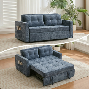 2 Seater Sofa Bed 3 in 1 Convertible, Pullout Sleeper Sofa with Adjustable Backrest, Spacious Multifunctional Couch, Blue