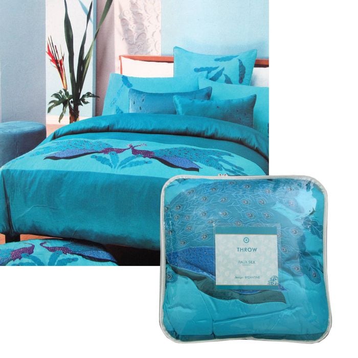 Bloomington Byzantine Peocock Turquoise Faux Silk Throw Rug/Coverlet 160 x 220 cm