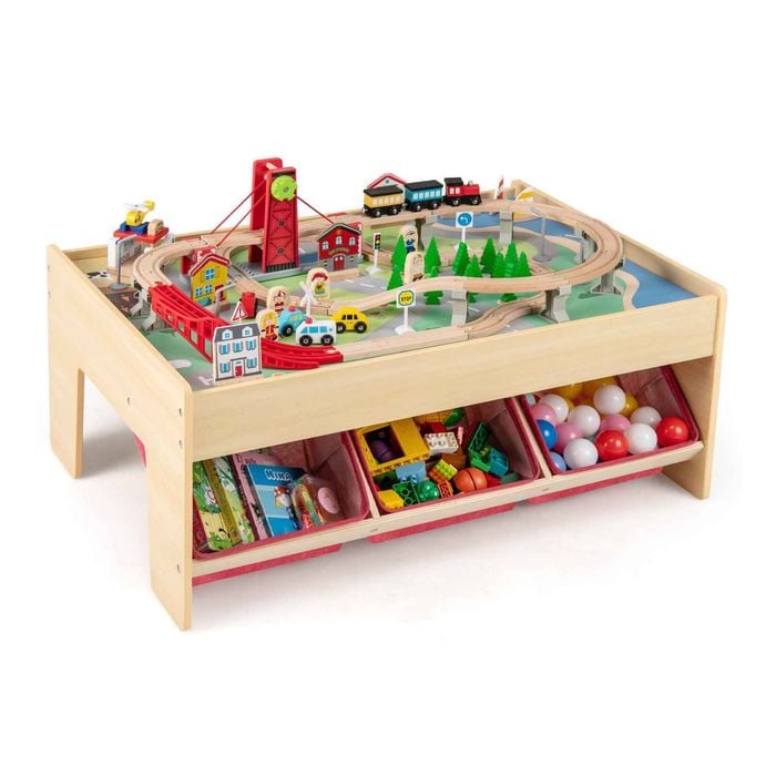 Costway Kids Play Train Table Wood Activity Toy Set W/94pcs Accessory
