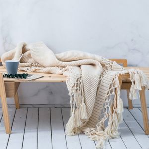 CottonMore Knitted Acrylic Blanket Bed Sofa Tassel Throw Rug Blanket 125x180cm - Beige