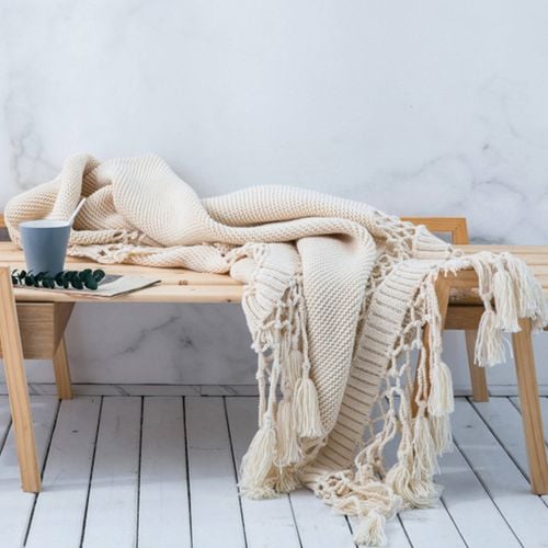 CottonMore Knitted Acrylic Blanket Bed Sofa Tassel Throw Rug Blanket 125x180cm Beige Bunnings Australia