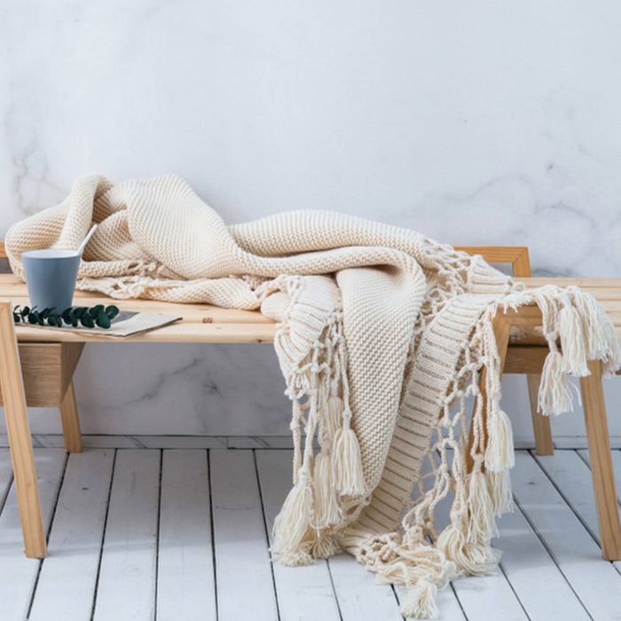 CottonMore Knitted Acrylic Blanket Bed Sofa Tassel Throw Rug Blanket 125x180cm - Beige