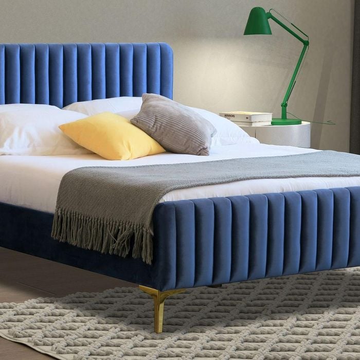 Istyle Modern Classic Alissa Queen Velvet Bed Frame Blue with Gold Legs