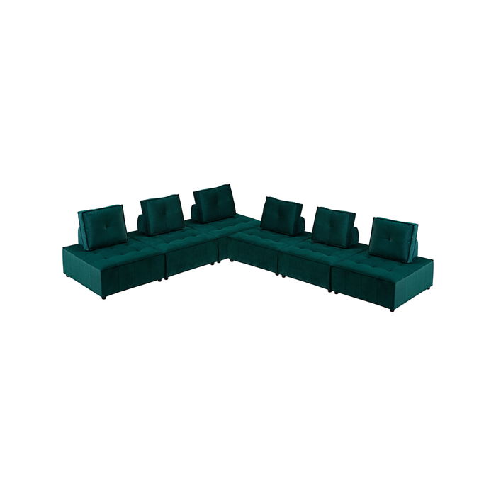 Foret 6pc Armless Seat Modular Extension Ottoman Couch Velvet Fabrics Sofa Green