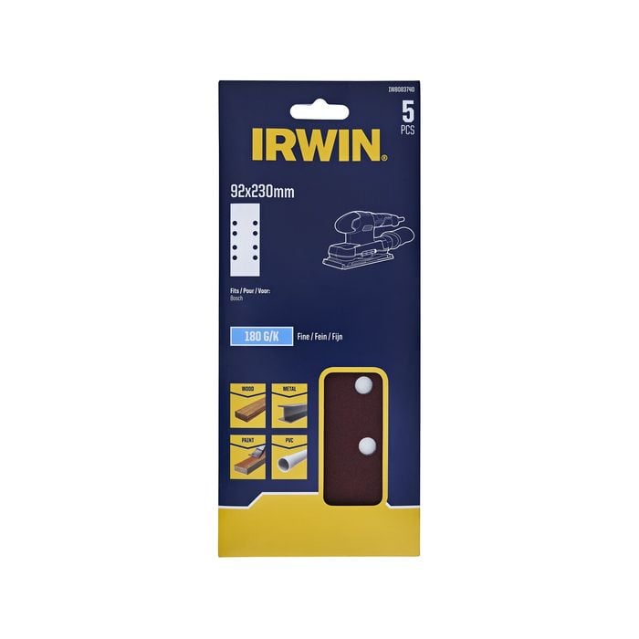 IRWIN 92 x 230mm 180 Grit 8 Holes 1/3 Sanding Sheet - 5 Pack