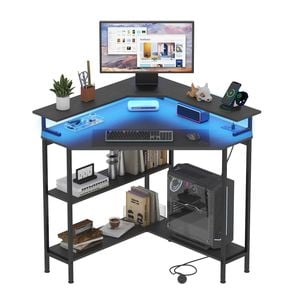 Ufurniture Corner Office Desk w/Charging Station & Monitor Stand LED Gaming  Desk w/ Storage Shelf