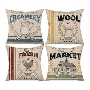 Catzon 4 Pcs Vintage Throw Pillow Covers Linen Farmhouse Home Decor-Set E