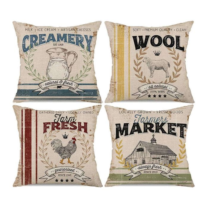 Catzon 4 Pcs Vintage Throw Pillow Covers Linen Farmhouse Home Decor-Set E