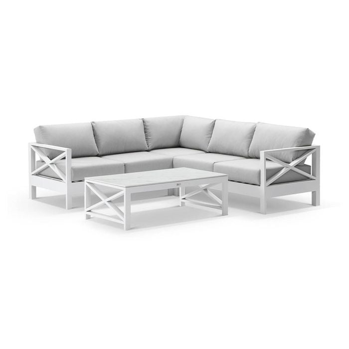 Kansas Corner Lounge Set Coffee Table White & Olefin Grey Cushions