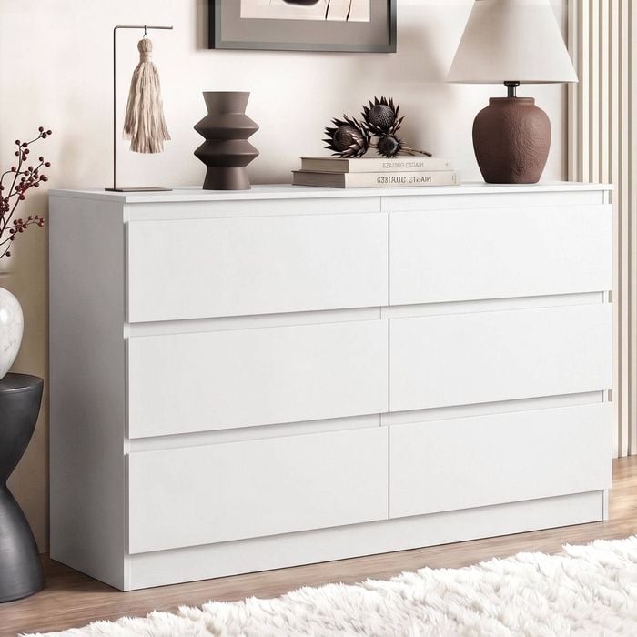 Homfurn 6-drawer Chest – 120cm, Minimalist Style, Groove Handle Design, Full Floor Base, 60kg Capacity, White