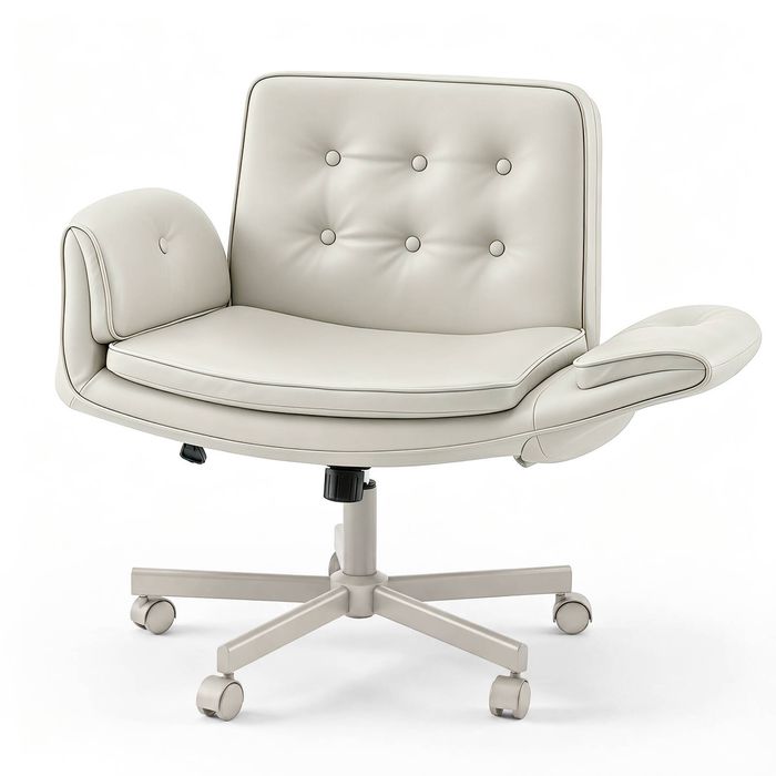 Advwin Office Armchair w/ tiltable Arm Ergonomic Cross Legged Desk Chair PU Leather Lounge Chair Swivel Vanity Chair Khaki