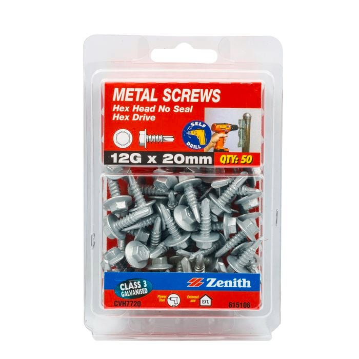 Zenith 12G x 20mm Galvanised Hex Head Metal Screws - 50 Pack