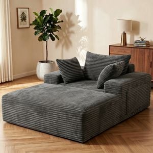Advwin 132cm Chaise Lounge Chair Corduroy Single Sleeper Cloud Sofa w/ Cushion & Side Pocket Compressed Sofa Grey