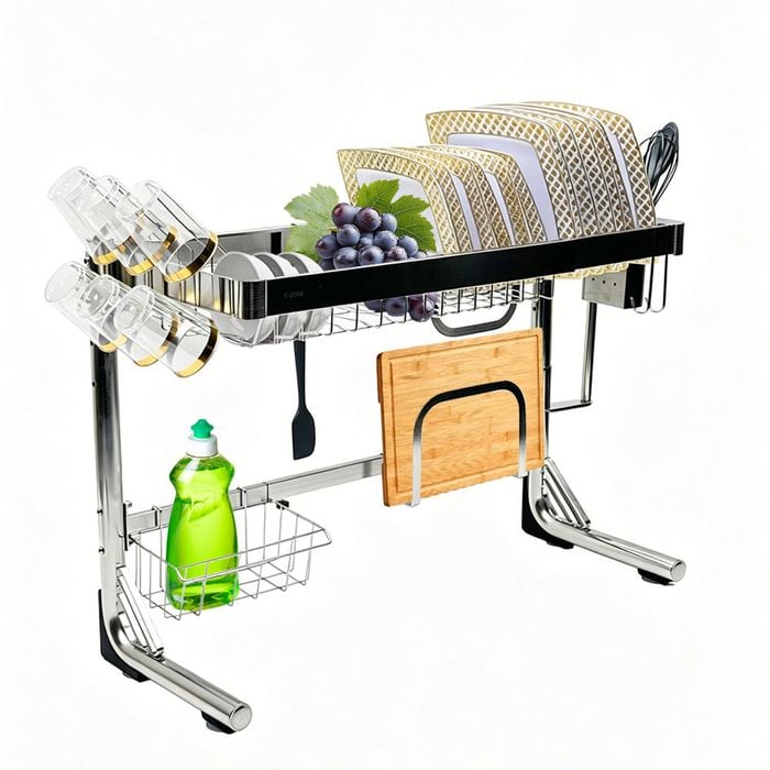 Over Sink Dish Drying Rack Stainless Steel Length Adjustable Drainer Shelf with Utensils Holders
