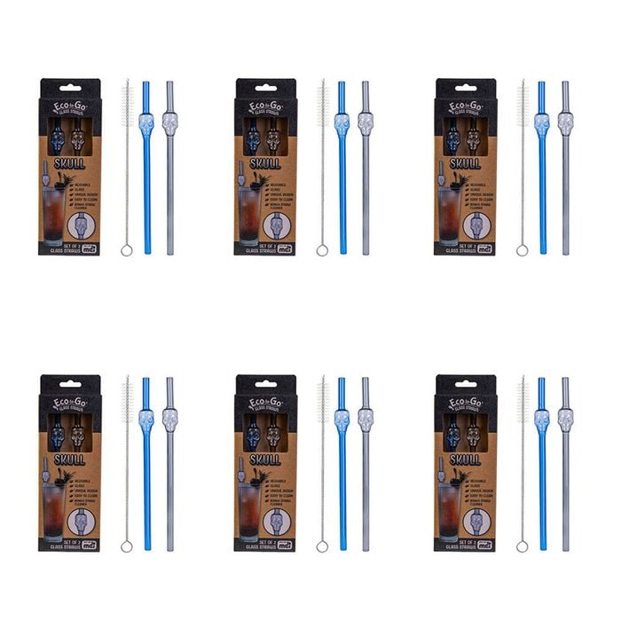 6x 2pc Eco-To-Go Glass Straw Skull Heart Shaped Reusable with Cleaner Set