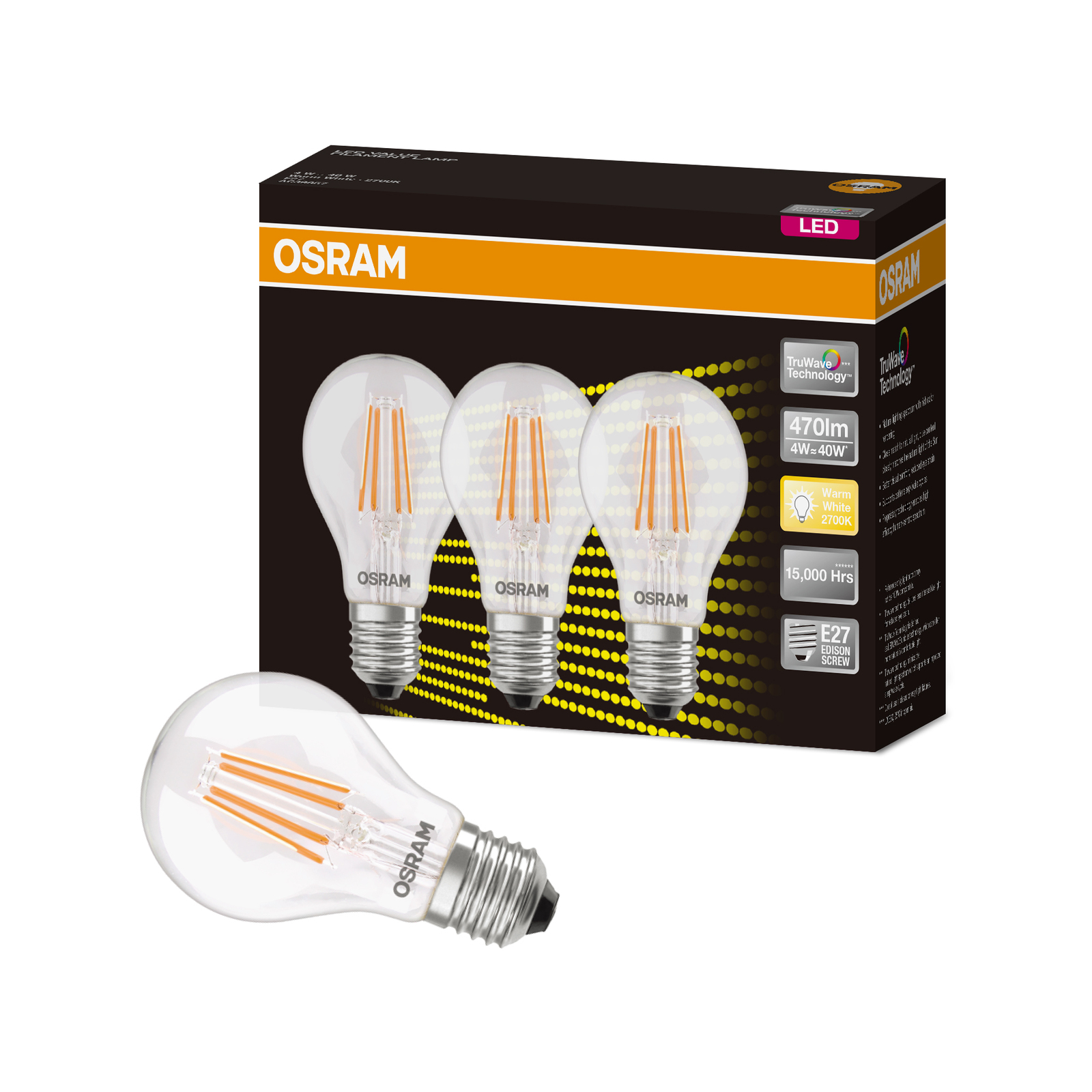Osram A Shape Filament ES LED 470lm Warm White 4W Light Globe 3 Pack Bunnings Australia
