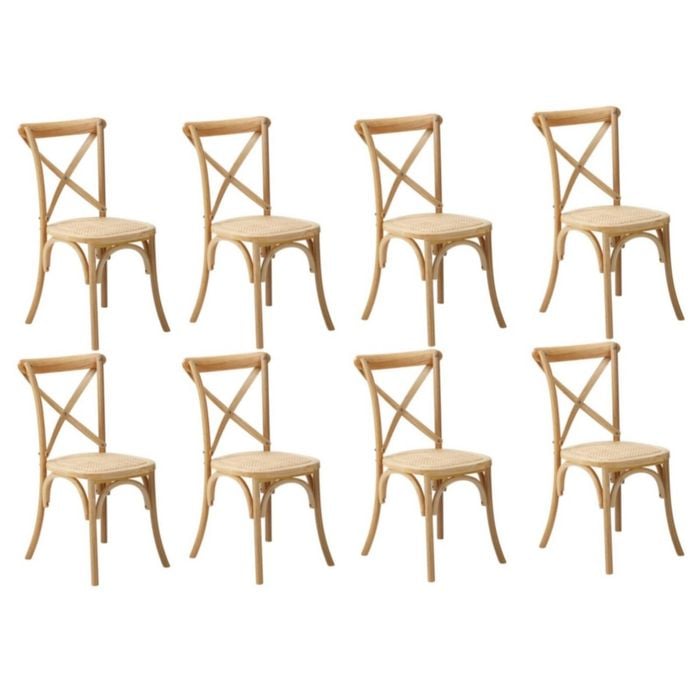 Oikiture 8PCS Crossback Dining Chair Solid Birch Timber Wood Ratan Seat Natural