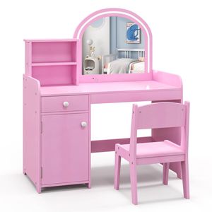 Costway Kids Makeup Vanity Table Study Desk w/2-Color LED - Pink