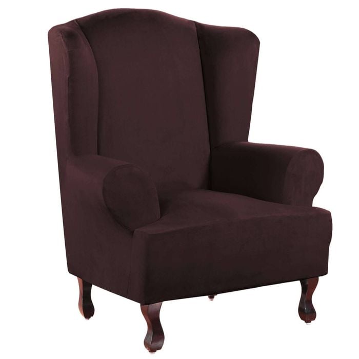 Smarcute Suede Wing Chair Cover 1 Piece Stretch Thick Sofa Slipcover Brown
