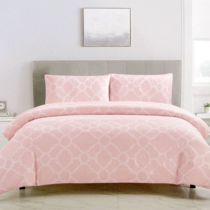 Artex Peach Trellis Geometric Pattern Printed Microfiber Polyester Quilt Cover Set Double