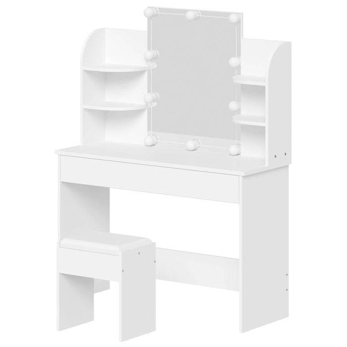 Ufurniture 10 LED Bulb Dressing Table with Open Shelves Drawers White