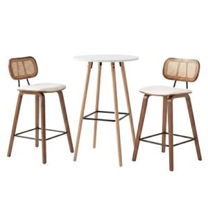 Artiss 3 Pcs Bar Table And Stools Set With Rattan Padded Stools Wooden Table
