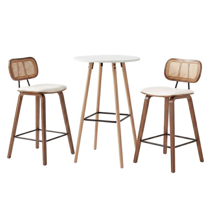 Artiss 3 Pcs Bar Table And Stools Set With Rattan Padded Stools Wooden Table