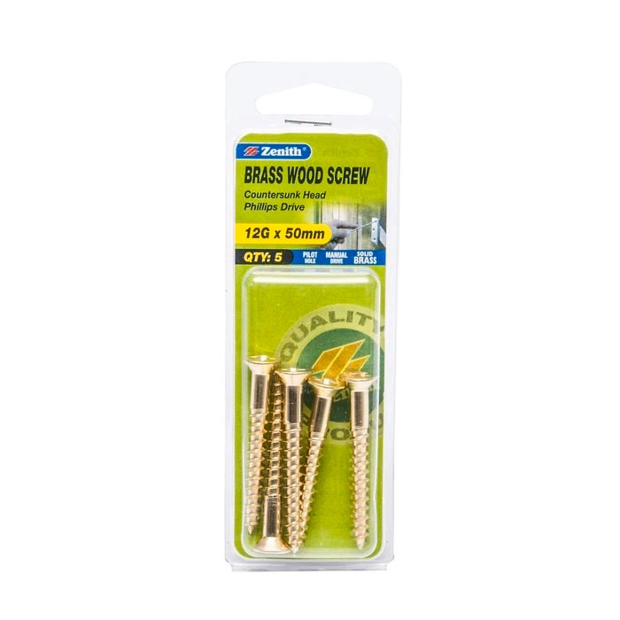 Zenith 12G x 50mm Solid Brass Wood Screw - 5 Pack