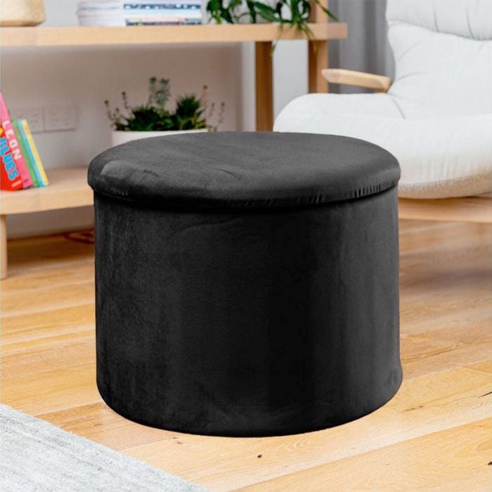 Small Black Velvet Circular Storage Ottoman Footstool Bunnings