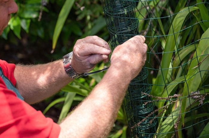 A Bunnings team member securing the foliage using a flower mesh. 