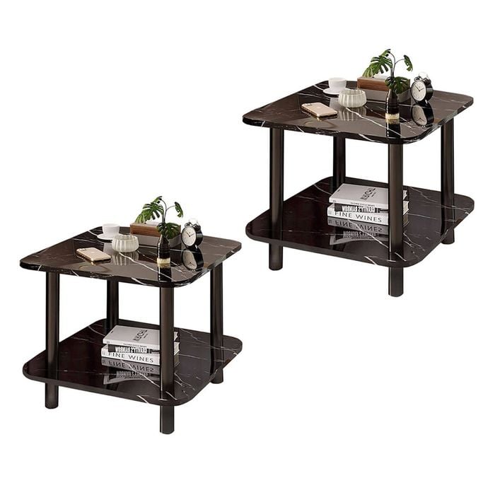 Soga 2x 60cm Black Ceramic Table Stone Pattern Black Metal Legs Modern Design