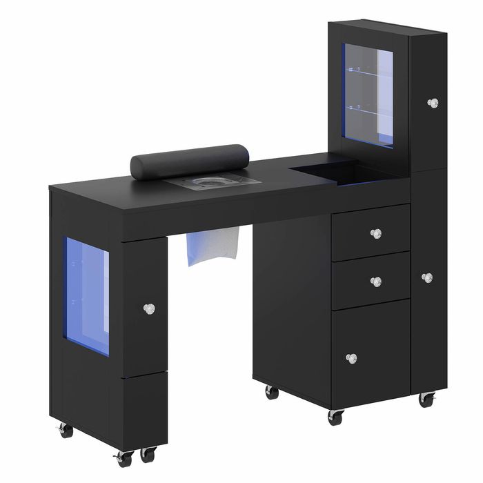 Advwin Manicure Table with LED Light Display Cabinet Dust Collector Vanity Desk Black