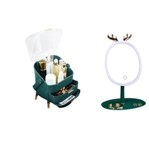 SOGA Cosmetic Jewellery Organiser Green with Antler LED Mirror