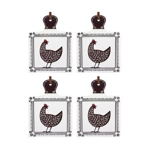 4pk Lvd Black/white Chicken Square Ceramic/cork Trivet Home Decor 20.5x15cm