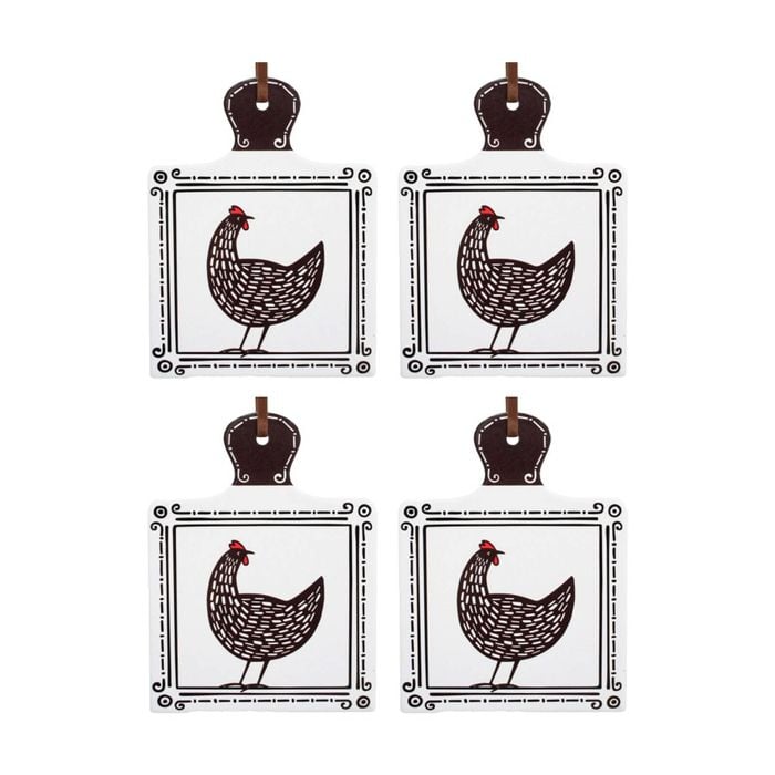 4pk Lvd Black/white Chicken Square Ceramic/cork Trivet Home Decor 20.5x15cm