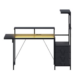 Ufurniture 157cm LED Gaming Desk with Power Outlets, Reversible Carbon Fibre Top, 3 Drawers & Shelf, Black