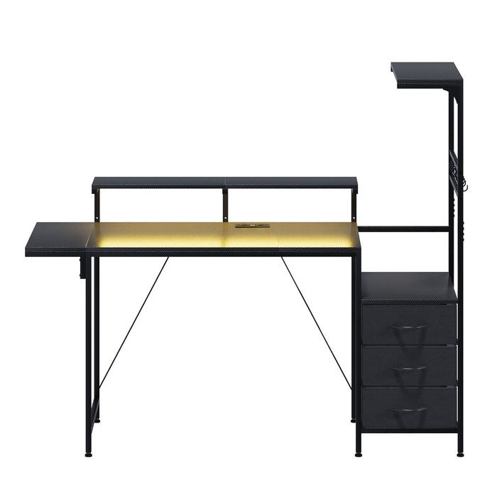 Ufurniture 157cm LED Gaming Desk with Power Outlets, Reversible Carbon Fibre Top, 3 Drawers & Shelf, Black