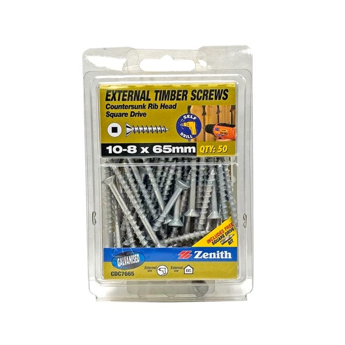 Zenith 10 - 8 x 65mm Galvanised Square Drive Countersunk Ribbed Head Timber Screws - 50 Pack